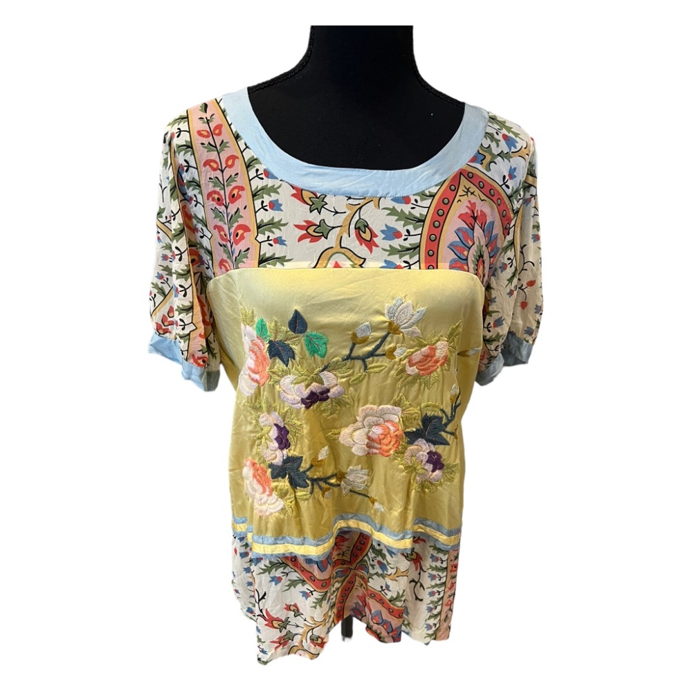 Johnny Was Mistic Paneled & Printed Tunic Top Yellow Floral Size US M